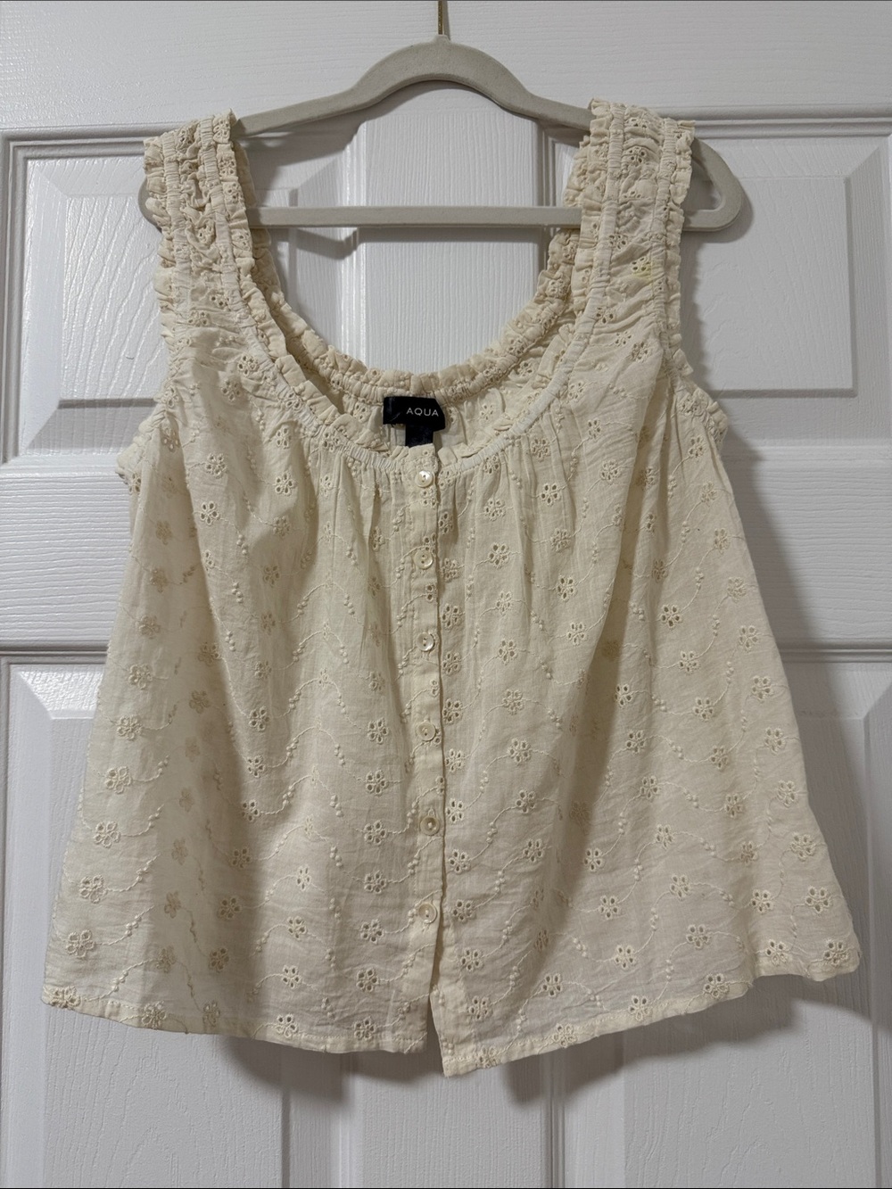 Aqua 100% Cotton Ivory Eyelet Button-Front Tank with Ruffled Straps